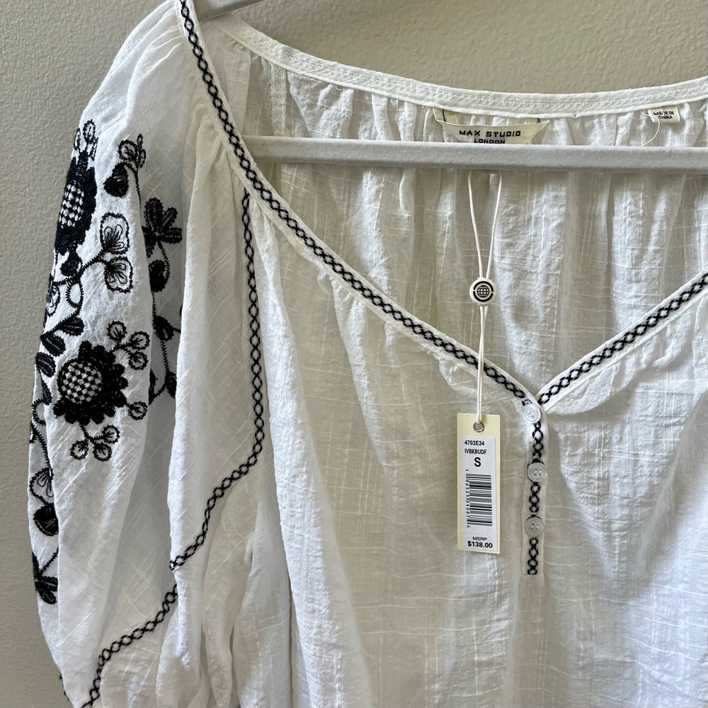 Max Studio V Neck Sunflower Embroidered Puff Sleeve Top Blouse Sz S - Picture 12 of 16